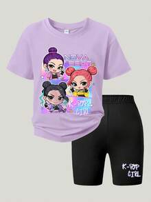 Bộ đồ thường ngày 2 món cho bé gái, áo thun oversized in hình chibi nhóm nhạc nữ K-POP và quần short biker cùng màu in chữ "K-POP GIRL", thích hợp cho mặc hàng ngày, mùa hè. - Màu tím - Xem 2