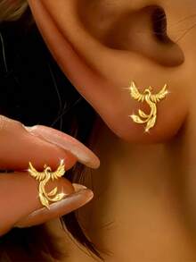 1 Pair Delicate Silver Phoenix Stud Earrings, Fashionable Luxury Aesthetic Design, Versatile Niche Earrings - Gold - View 6