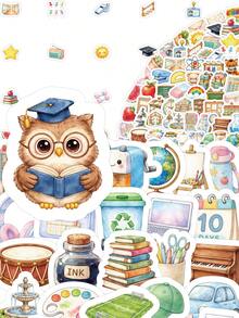 66/104 Stück Aquarell Campus Life Aufkleber - warmer Ton süße Tiere Lernthema, wasserfest wiederverwendbar für Planer/Handyhülle/Geschenkverpackung, Schulmaterial - Campus-Aufkleber - Übersicht 3