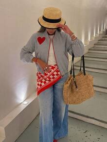 Chaqueta de mujer de estilo casual y de vacaciones, con rayas azules, parche con forma de corazón y contraste de color, para primavera y otoño, color negro - Negro - Ver 2