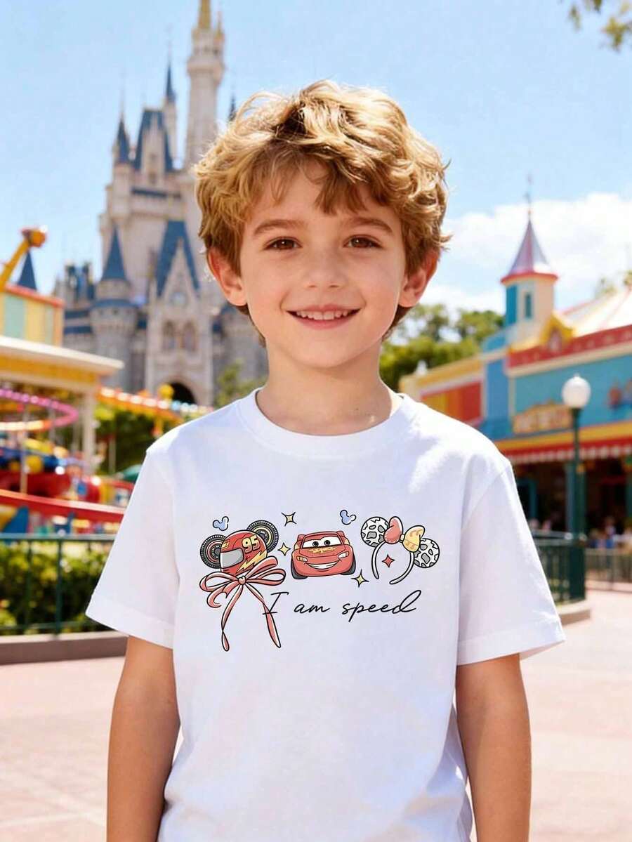 Disney Boys' T-Shirt, Featuring A Creative Cars Lightning McQueen Cartoon Print Design. Summer Cotton Crew Neck Short-Sleeve Shirt For Boys, Perfect For Everyday Wear, Vacations, Outdoor Activities, And As A Gift For Children. - White - View 1