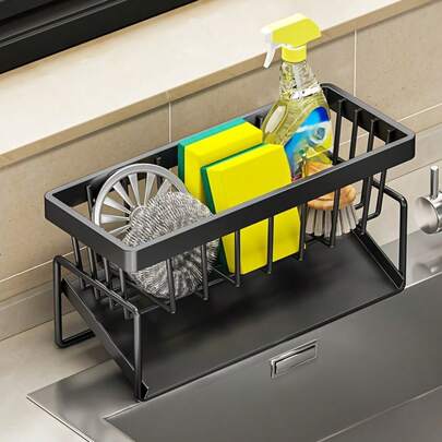 1个多功能厨房水槽置物架，重型金属海绵架，带自沥托盘的洗洁精收纳盒，免钻孔安装，易于清洁，适用于餐厅和厨房用具收纳