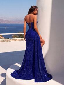 ADYCE Sequin Strapless Hollow Fishbone Pattern Formal Dress, High-Waist Pleated Design, Decorated With Satin Ribbon Slit, Open Back Lace-Up, Suitable For Cocktail Party, Gala, Wedding Guest, Formal Occasion, Graduation Ceremony And Date Night, For Valentine's Day Spring - Royal Blue - View 2