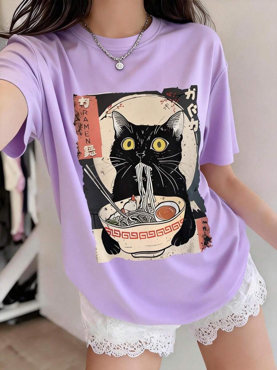 卡通猫咪拉面印花短袖T恤，夏季 - 紫色 - 查看 1