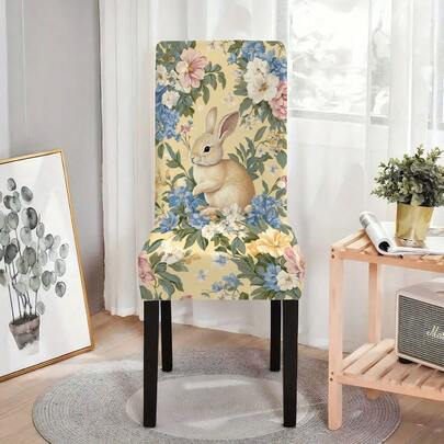 1Pc/2Pcs/4Pcs/6Pcs/30Pcs Brown Rabbit Blue Flowers Patterns Elastic Chair Covers, Suitable For All Seasons, Washable, Decorative Yellow Chair Covers Chair Dust Covers Good For Home Easter Birthday Holiday Gifts Hotels Restaurants Living Rooms Decor Party Supply
