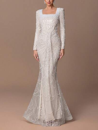 Faeriesty Este elegante vestido de noche de sirena de manga larga y cuello cuadrado, adornado con bordados de perlas y lentejuelas y un diseño de cintura con lazo en la espalda, es adecuado para ocasiones formales: perfecto para recepciones de bodas, eventos de alfombra roja, galas de etiqueta negra, ceremonias de premios y estrenos de ópera.