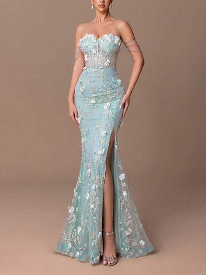 Faeriesty This Luxurious Strapless Beaded Mermaid Evening Gown Features A Sweetheart Neckline And 3D Floral Embroidery, With A Semi-Sheer Fitted Bodice Adorned With Delicate Chain Details And A Side Slit, Suitable For Weddings, Formal Galas, Balls, And High-End Evening Events.