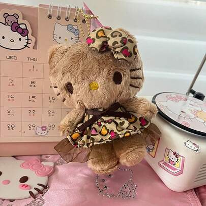 SANRIO 1件装限量版豹纹印花裙子黑色皮革小猫背包挂饰，可作包包配饰、圣诞树装饰品或节日礼物