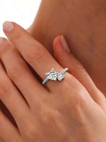 1 Pc Unique Silver Double Heart Gemstone Ring , Luxurious Style Ring , For Women's Weddings, Banquets, And Gifts For Girls' Daily Life Decoration - Bạc - Xem 6