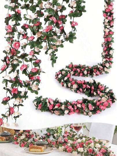1个7.5英尺人造玫瑰花环，DIY玫瑰藤蔓，悬挂式绿叶人造玫瑰装饰，适用于婚礼、周年纪念派对、生日背景拱门装饰，春季粉色花朵