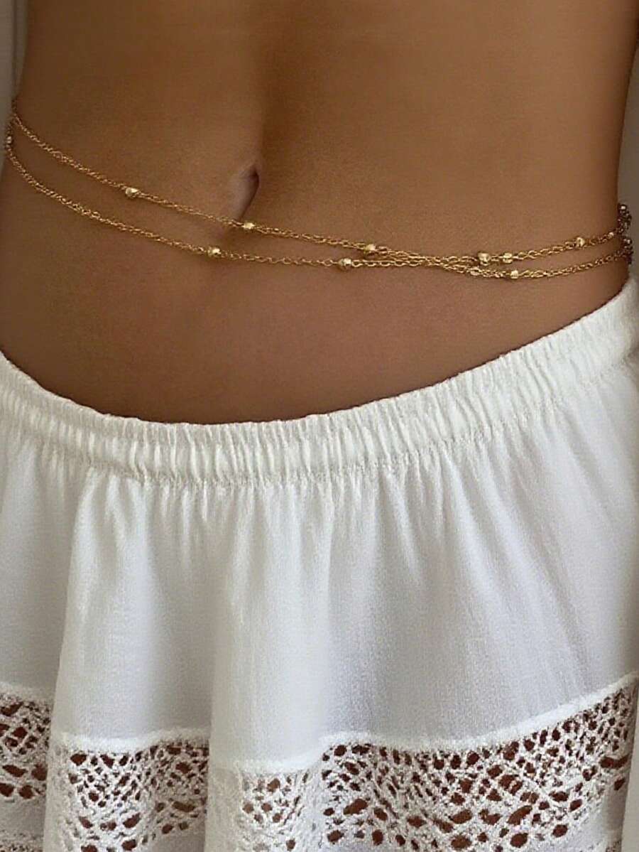 17KM 2 piezas Conjunto básico de cadena de cintura y cadena corporal de moda simple, cadena de cintura para mujeres, parejas, hermanas, adecuado para vacaciones de verano, citas, regalos, uso casual, fiestas a juego - Amarillo Oro - Ver 1