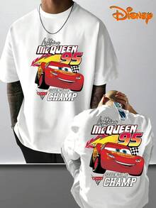 Disney Men's T-Shirt With Lightning McQueen Cartoon Pattern Featuring "Cars" Theme Printed On The Front And Back, Fashionable, Soft And Comfortable Cotton T-Shirt, Retro Street Feel - White - View 1