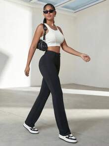 Yoga High Stretch Slim Pocket Design Women Straight Leg Pants, Business Casual Trousers For Office Wear, Autumn - 黑色 - 查看 6