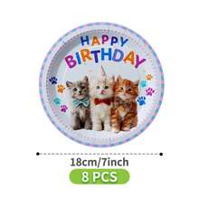 49/25/8pcs Assiettes, serviettes et gobelets jetables mignons avec motif chat pour anniversaire, ensemble de fournitures de fête jetables, convient pour 8 invités, assiettes en papier jetables, vaisselle de table de fête convenant pour anniversaire, mariage, fête à thème, pique-nique familial - Multicolore - Voir 6