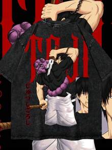 JJK Oversized Acid-Washed Uni Anime T-Shirt  Streetwear & Gym Style  Toji. - 黑色 - 查看 1