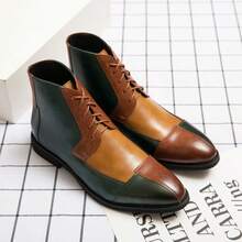 Men's Leather Color-Block High-Top Oxford Boots Fashion British Style Pointed Toe Lace Up Ankle Boots Casual Formal Business Wedding Dress Shoes - Xanh nâu - Xem 2