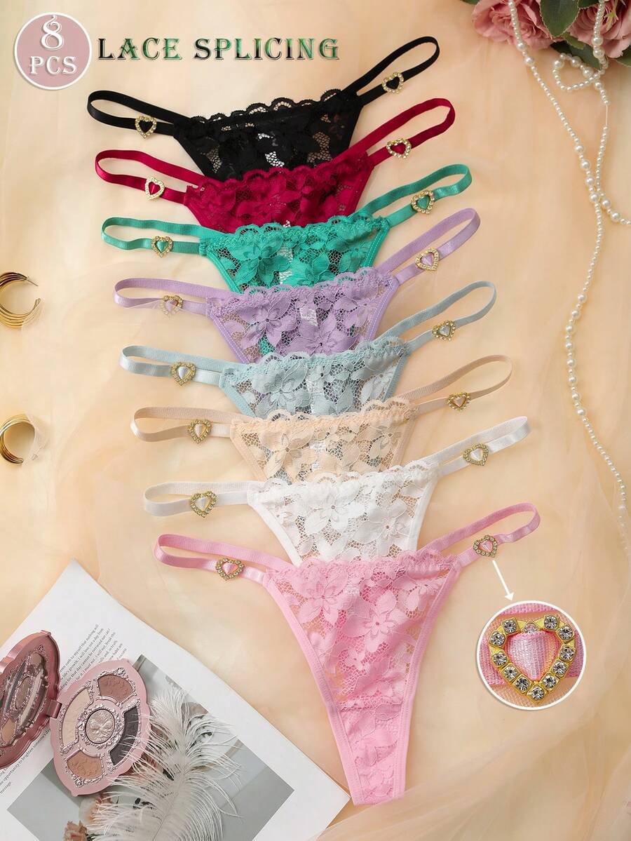 8pcs Breathable Lace Patchwork Women's Low-Rise Thong Panties - Multicolor - View 1