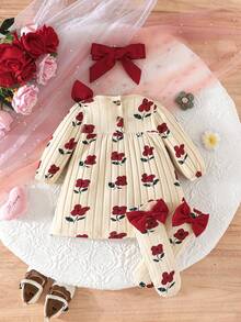 Newborn Baby Girl Gift Set - Dress With Bow, Floral Print & Ribbed Texture, With Socks And Headband - Apricot - View 3