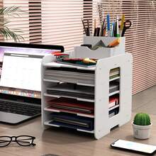 Aimall Desktop File Storage Rack, Multi-Layer Storage Rack, Office Large Capacity Storage Rack, Office Storage File Rack - White - View 3