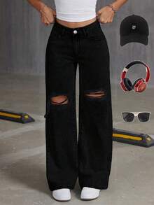Jeans azul claro rasgados de moda para adolescentes. Elegante y versátil para todas las estaciones, pantalones vaqueros esenciales dulces y elegantes. - Negro - Ver 2