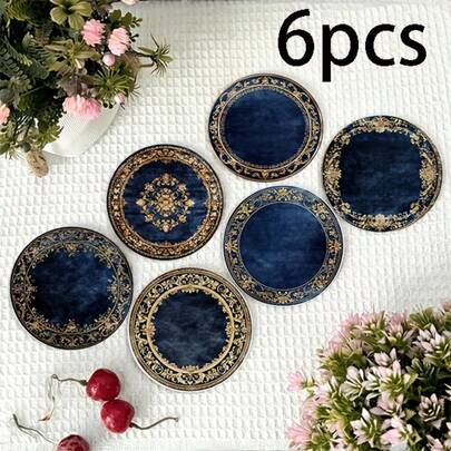 6/60pcs Vintage Dark Blue Velvet Texture Round Wooden Coasters - 2D Printed, Heat Resistant Drink Coasters, Ideal For Home And Office Decor | Perfect For Coffee Tables, Desks, Kitchens, Tabletops | Great For Mother's Day, Valentine's Day, Wedding Season, Birthday Parties, Holiday Dining | Decorative Tableware