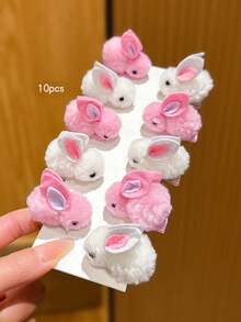 10个白色+粉色可爱毛绒兔子发夹，适合日常佩戴的发饰 - 彩色 - 查看 3