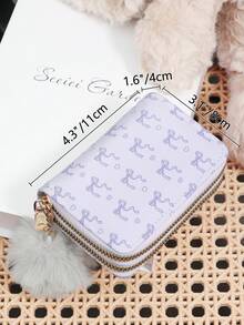 Ví da thời trang dễ thương in hình nơ, có khóa kéo, trang trí bằng quả bông nhỏ xinh, kiểu dáng tối giản, nhiều ngăn đựng thẻ tín dụng, ví đa chức năng dành cho nữ, ví mini, ví nhỏ đựng thẻ, ví đựng đồ dùng cần thiết khi đi biển, ví du lịch. - Màu tím - Xem 9