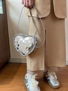 情人节畅销亮片心形晚宴包 | 法式链条手拿包 | 单肩斜挎两用 | 带卡位 | 母亲节礼物 - 銀色 - 查看 3