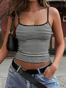 Women's Striped Sleeveless Cropped Tank Top, Knit Fabric With Medium Stretch, Fitted Hem Design, Fashionable Blouse - Black and White - View 2