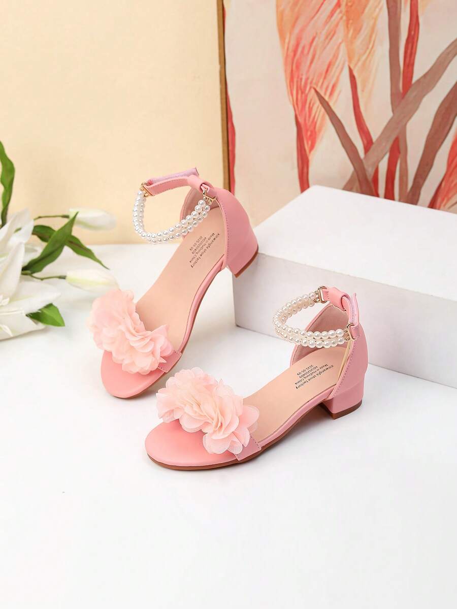 1 Pair Summer New Fashion Roman High Heel Pearl Decor Sandals, Girls High Heel Dance Shoes, Student Performance & Daily Wear Sandals, Wedding Shoes