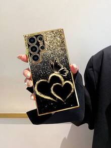 1pc 6D Electroplated Black TPU Butterfly & Heart Graphic Shockproof Phone Case, Compatible With Iphone 17/16e/15/14/13/12/11/7/8/XR/XS/Plus/Pro/Pro Max/Mini/Air, Galaxy A51 4G/A52/A52s 5G/S23 Ultra, Unique Gift For Friends, Family, Girlfriend, Boyfriend - Multicolor - View 3