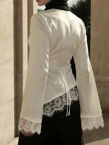 优雅缎面阿拉伯长袍上衣，饰有蕾丝边，穆斯林风格长袖衬衫 - 白色 - 查看 5