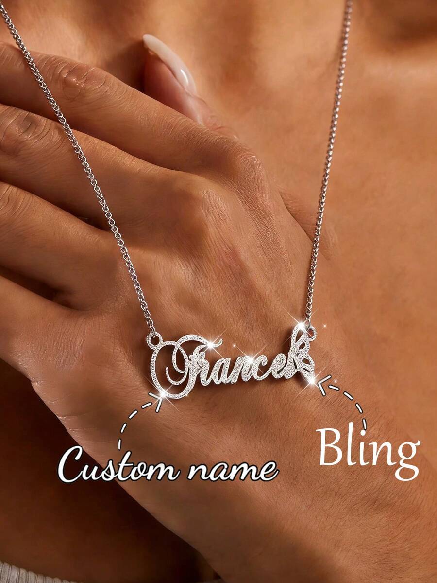 Custom Shiny Frosted Name Necklace Women Girl Charm Personalized Stainless Steel Half Wrap Love Letter Necklace Couple Pendant Family Jewelry Birthday Holiday Gift Christmas Gift For Her - Silver Frosted Box Chain - View 1