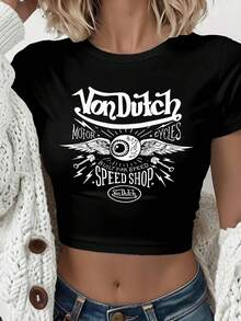 Van Dutch Motorcycles Speed Shop With Winged Eye Women's Casual Solid Color Crew Neck Short Sleeve Slim Fit Cropped T-Shirt Basic Summer Polyester Top, Versatile Everyday Wear, Perfect Gift For Her - 黑色 - 查看 1