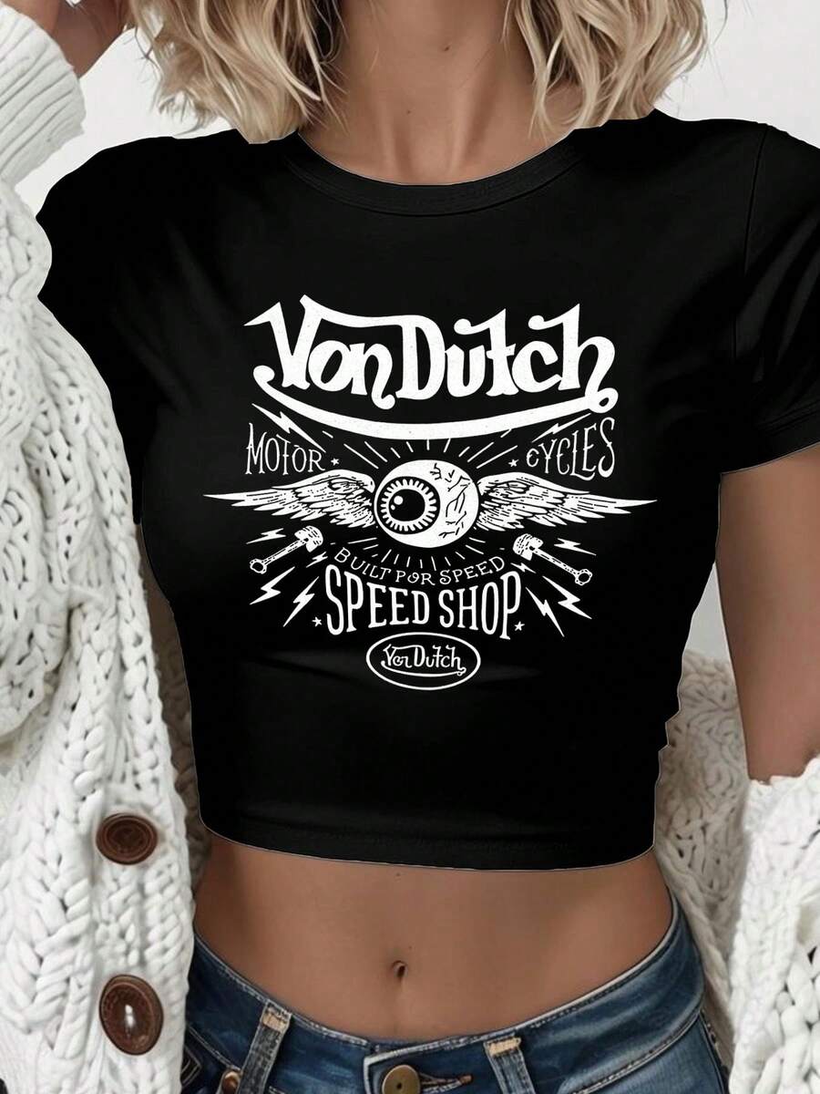 Van Dutch Motorcycles Speed Shop With Winged Eye Women's Casual Solid Color Crew Neck Short Sleeve Slim Fit Cropped T-Shirt Basic Summer Polyester Top, Versatile Everyday Wear, Perfect Gift For Her - 黑色 - 查看 1