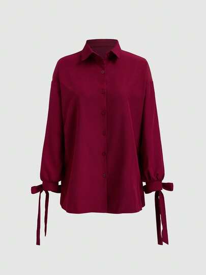 Women's Solid Color Cuff Tie Neck Button Front Loose Casual Shirt