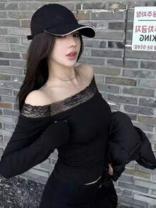 Sexy Lace Patchwork Long Sleeve T-Shirt, French Chic Cropped Slim Fit Off Shoulder Top - Black - View 1