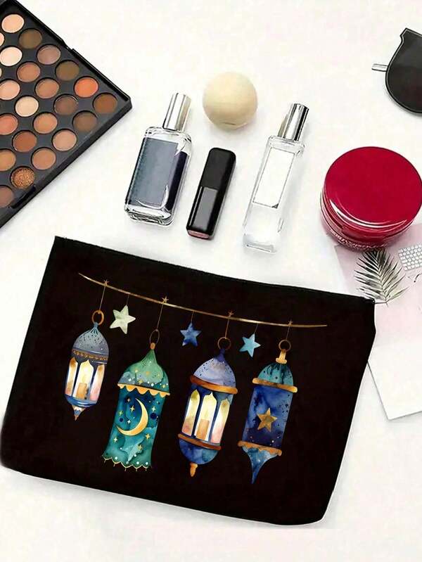 1pc Makeup Bag With Lantern Design, Skincare Storage Bag, Makeup Bag With Patterns Of Arabic Language And Letters, Custom Makeup Bag For Veiled Girls, Travel Cosmetic Bag With Star And Crescent Design, Religious-Themed Travel Storage Bag