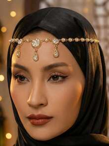1pc Arabic Bride Wedding Hair Accessory, Women's Rhinestone Teardrop Pendant Hair Chain - Gold - View 7