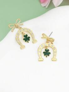 1 Pair Elegant Bow, Horseshoe, Clover Earrings, High-Quality Gift For Women On St. Patrick's Day, Graceful And Charming - Gold - View 5