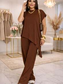 Casual Elegant Asymmetrical Split House - Rust Brown - View 2