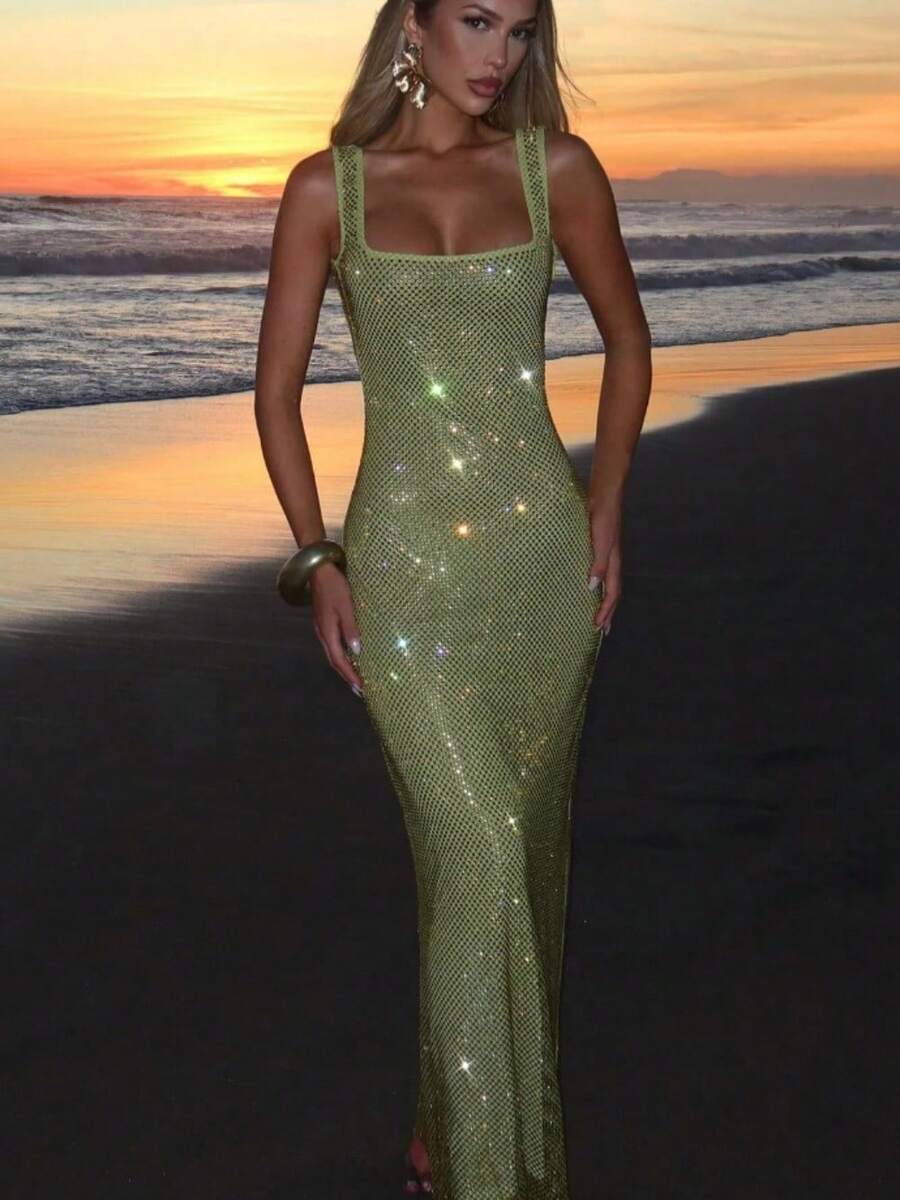 Fashionable Socialite, Mature Lady Style, Slim Fit, Slimming Street Party, Sexy Shoulder Strap, Sequin Mesh Diamond Suspender Dress, Feminine Temperament, Waist Cinching, Headband, Hip Bag Skirt - 綠色 - 查看 1