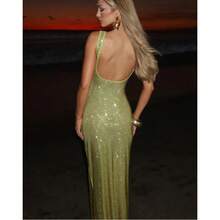 Fashionable Socialite, Mature Lady Style, Slim Fit, Slimming Street Party, Sexy Shoulder Strap, Sequin Mesh Diamond Suspender Dress, Feminine Temperament, Waist Cinching, Headband, Hip Bag Skirt - 綠色 - 查看 1