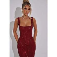 Fashionable Socialite, Mature Lady Style, Slim Fit, Slimming Street Party, Sexy Shoulder Strap, Sequin Mesh Diamond Suspender Dress, Feminine Temperament, Waist Cinching, Headband, Hip Bag Skirt - 紅色 - 查看 8