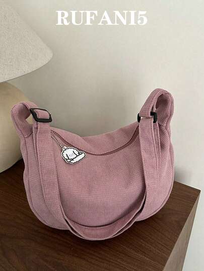  Fashion Solid Color Casual Crescent Shoulder Bag With Pendant, Minimalist Design , Pink