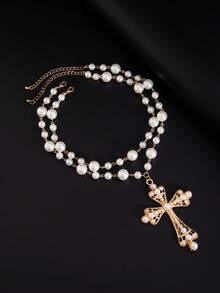 2pcs/Set Faux Pearl Cross Necklace, Fashionable Layered Beaded Choker Necklace For Men, Hip Hop Style - Pearl Cross - View 4