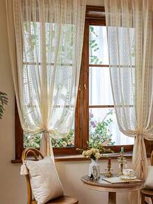 2片波西米亚风薄纱窗帘，法式奶油色蕾丝窗帘，美式农舍风格窗帘，适用于客厅、阳台、卧室 - 米色 - 查看 6