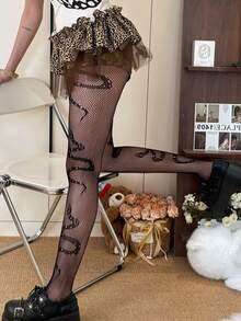 女士蛇纹渔网连裤袜，性感丝袜，渔网紧身裤，Y2K风格黑色网眼连裤袜，性感镂空蛇纹丝袜，弹力朋克风袜子，适合万圣节、夜店、派对、街头时尚和角色扮演 - 彩色 - 查看 1