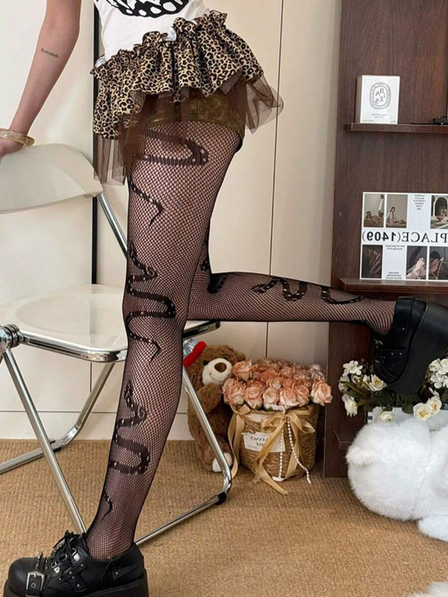 女士蛇纹渔网连裤袜，性感丝袜，渔网紧身裤，Y2K风格黑色网眼连裤袜，性感镂空蛇纹丝袜，弹力朋克风袜子，适合万圣节、夜店、派对、街头时尚和角色扮演 - 彩色 - 查看 1