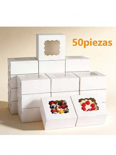 50 Piezas Cajas para Postres, Caja de Papel para Cupcakes, Caja de Empaque para Repostería,Cajas de Galletas,Cajas de Empaque para Panadería, Favores de Fiesta de Bodas, Caja de Dulces y Chocolates,10x10x6cm
